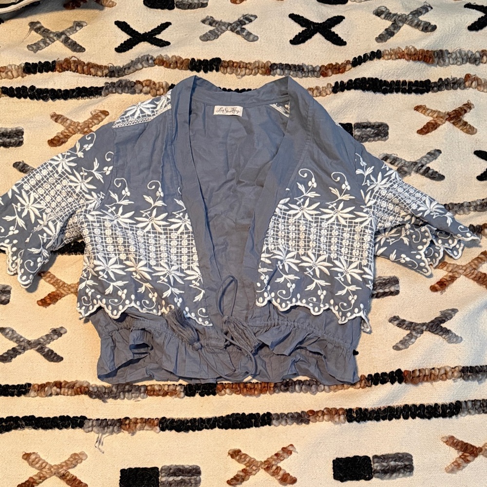 Love Shack Fancy Blue and White Embroidered top